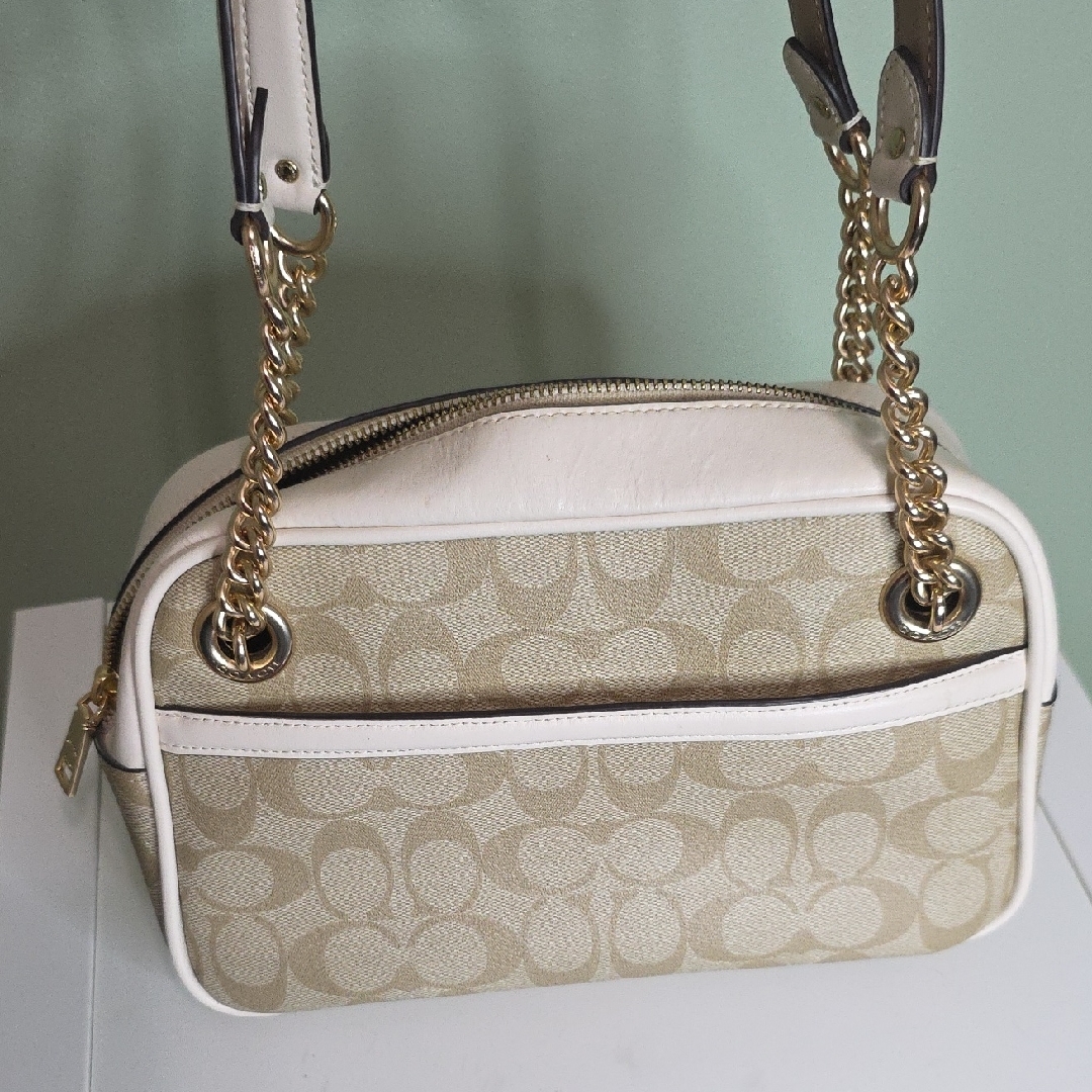 Coach Tan And Gold Shoulder Bag With Signature Monogram